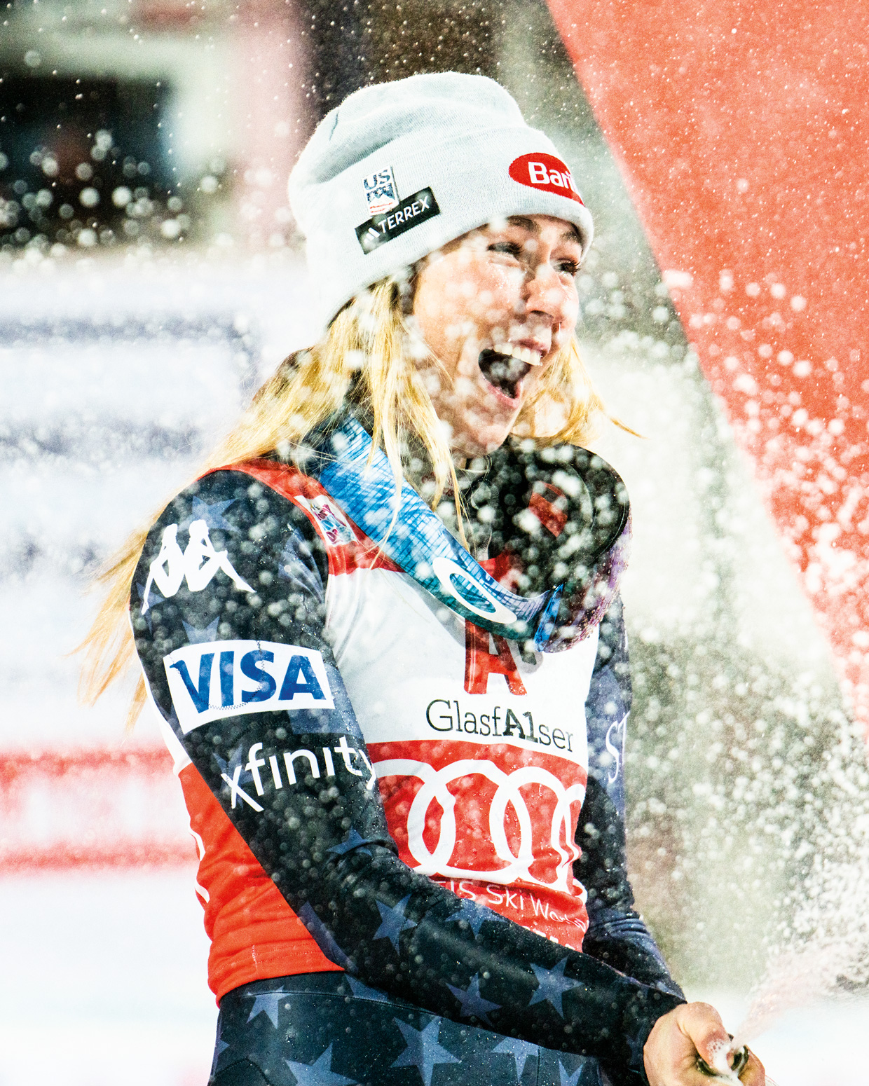 Mikaela Shiffrin celebrates on the podium in Flachau, Austria, in January 2023. She’d have to wait a few more weeks to break Lindsey Vonn’s all-time women’s World Cup win record, but the points helped propel her to another World Cup overall title (her fifth).