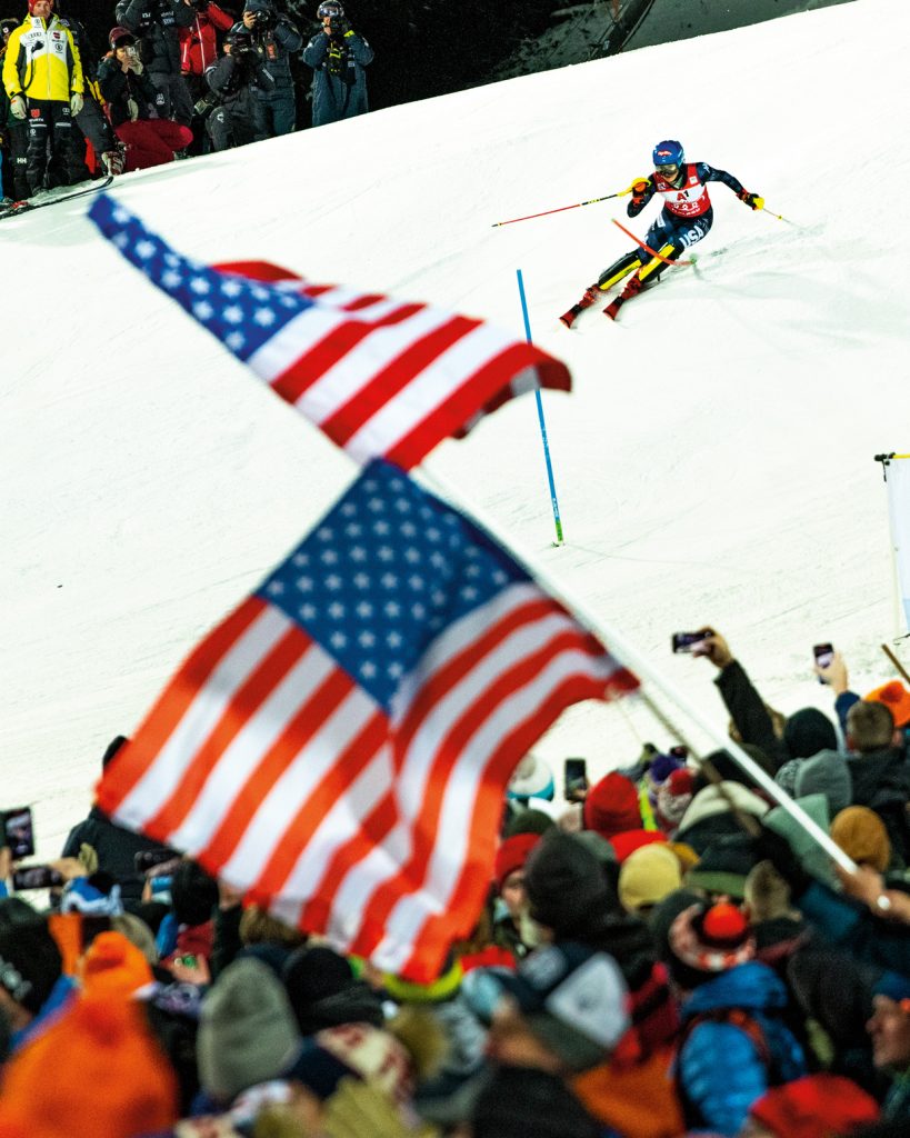 Shiffrin’s dominant performances have brought national pride back across the pond, and World Cup crowds, consistently Euro-dominated, have noticed the change. Stars and stripes rolling deep in Flachau, Austria, in January 2023.