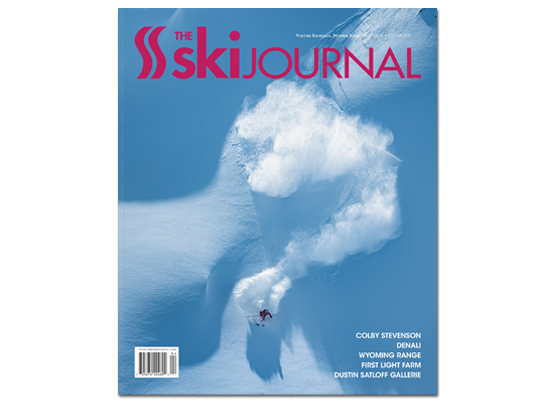 The Ski Journal, #18.4. Featuring Colby Stevenson, Denali, Wyoming Range, First Light Farm, Dustin Satloff Gallerie and much more. Cover: “We arrived in Bella Coola, BC, in March and everyone said, ‘You should have been here last week.’ After waiting out three down days we got a fresh dusting of snow. Before we went out for proper film lines, we got our toes wet and tested conditions with some cold smoke powder turns. Lucy Sackbauer loves pink, so I called her pretty in pink.” Photo: Robin O’Neill