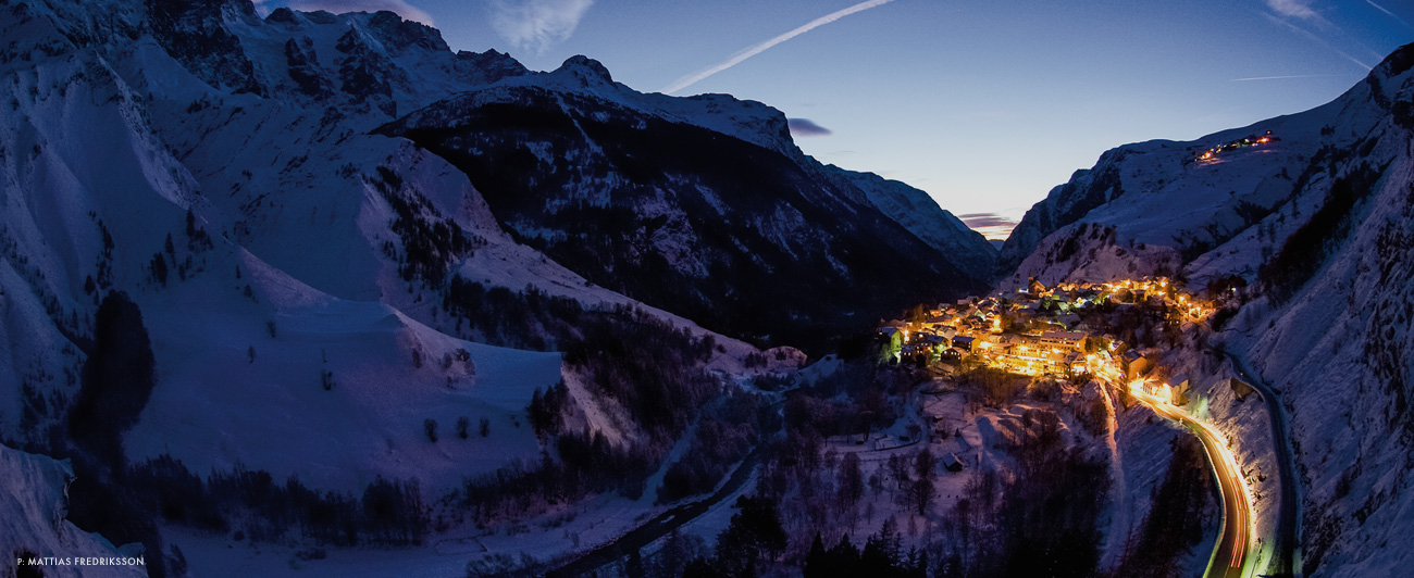 The buzz of La Grave is alive as night falls on the historic French ski village. Photo: Mattias Fredriksson