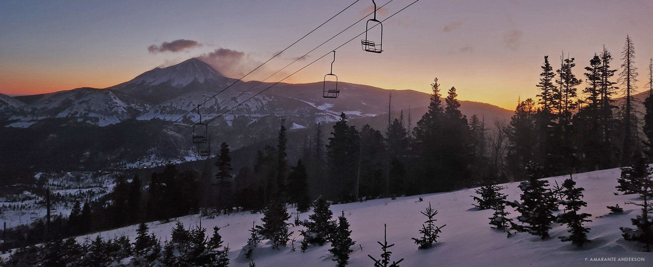 Sunrise over West Spanish Peak and the Cuchara River Valley from the slopes of the former ski area. Photo: Amarante Anderson