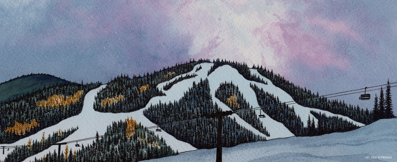 I love the way the Park City ski resorts glow under the moonlight. I tried to capture that feeling with this painting of Deer Valley’s Bald Mountain.