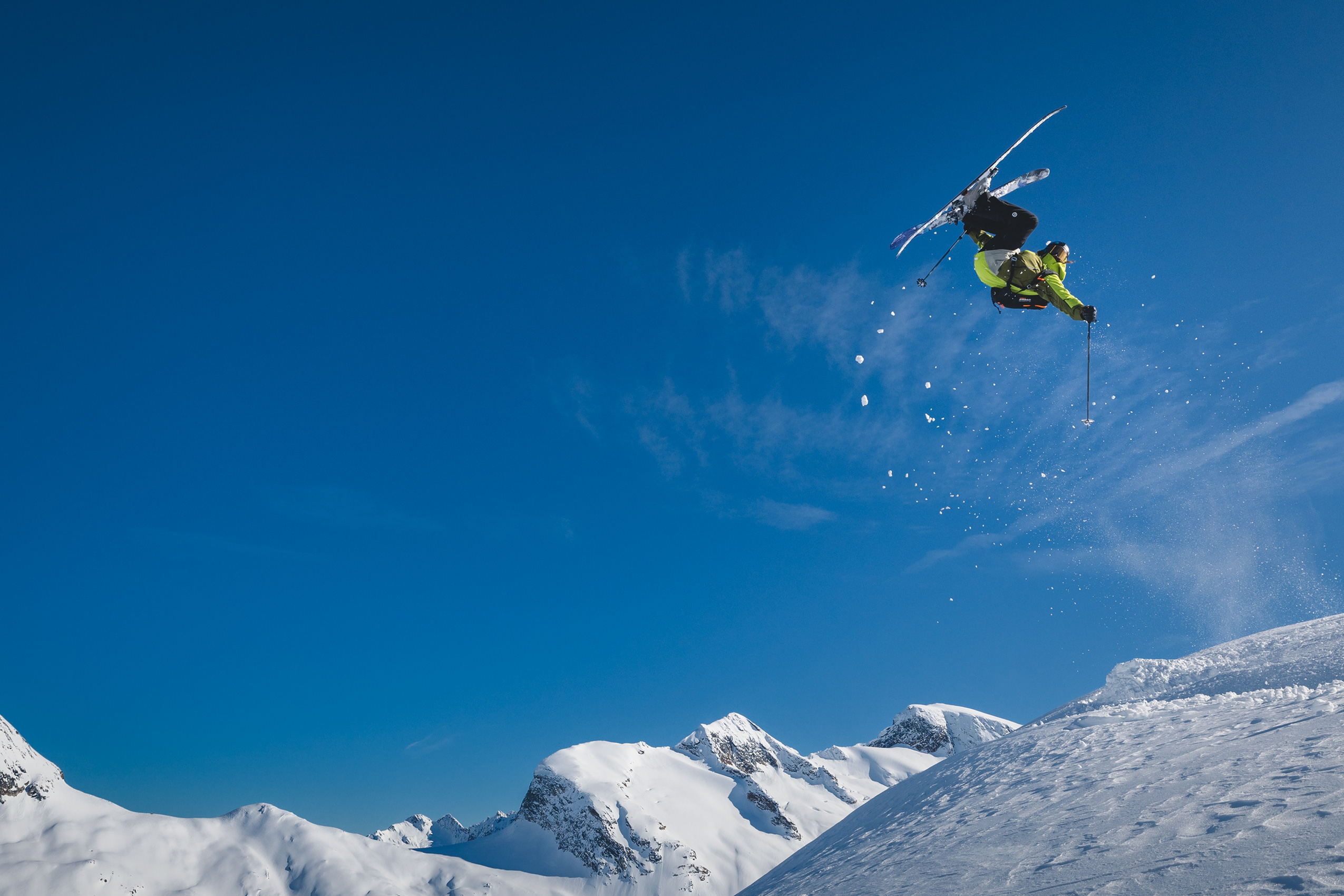 “Nick McNutt making lemonade in British Columbia’s Esplanade Range with Mike Wiegele Helicopter Skiing. A heat wave in March made skiing big mountain lines difficult. Luckily, McNutt can do it all. He found a cold pocket to go upside down.”
Photo: Robin O’Neill