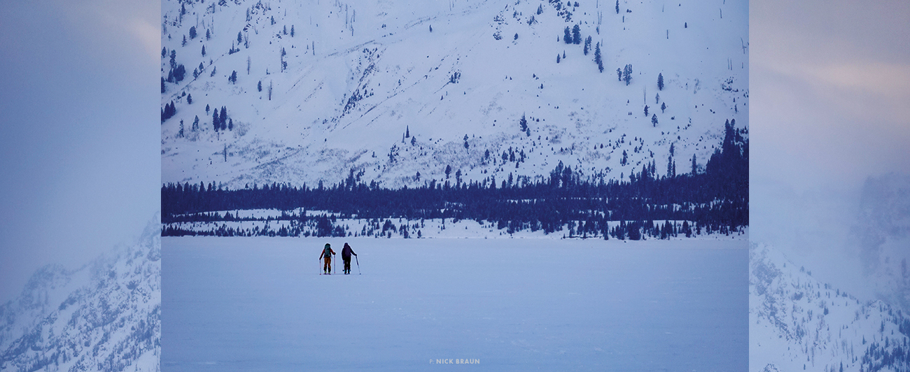 Laura Gaylord and Lily Krass Ritter cross Jackson Lake on an early morning in Grand Teton National Park, WY. Photo: Nick Braun
