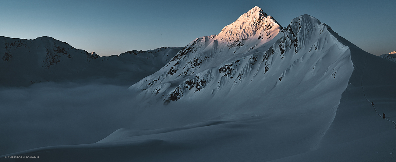 First morning light on the infamous Albonakopf, the first line of the day. Nadine dropped in just after sunrise to ski the face while it was still cool. Photo: Christoph Johann