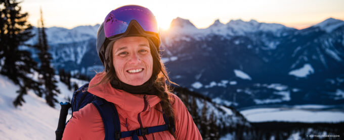 “Juggling a career as an entrepreneur and a professional skier, Leah Evans is a busy woman, always with a smile on her face.” Revelstoke, BC. Photo: Mattias Fredriksson