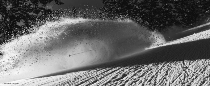 A dreamy day in Jackson, WY. Lap after lap in the same zone, no fixing what isn’t broken. Tami Razinger somewhere under the snow. Photo: Stephen Shelesky