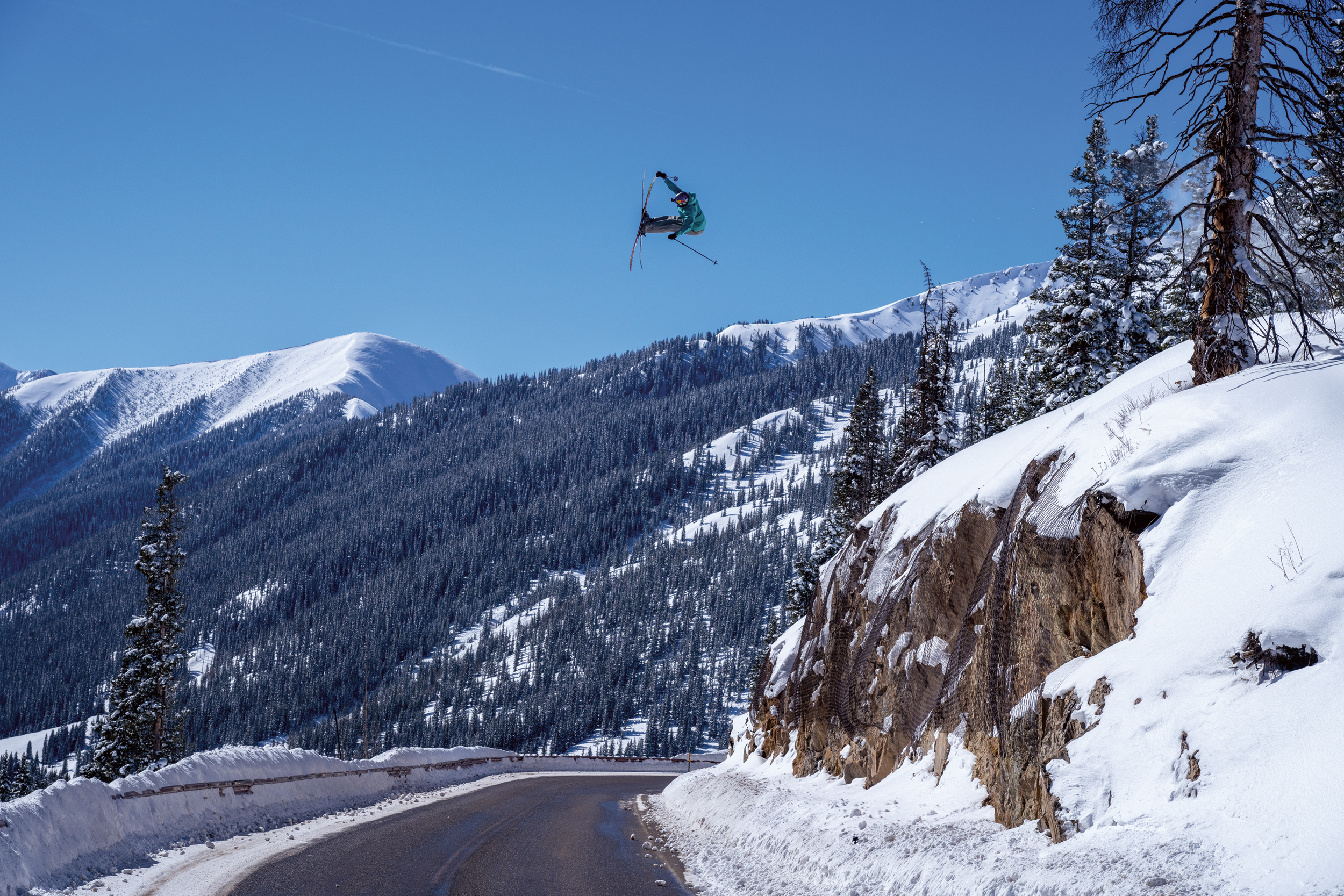 Bobby Brown sending it over the Million Dollar Highway (CO highway 550) between Ouray and Silverton, CO. “I’ve been dreaming about this gap forever,” says Brown. “I’ve driven over Red Mountain Pass so many times and just looked up and envisioned gapping over the cars. We were filming in southern Colorado, and when the conditions lined up, I knew it was time to check this one off the list. The first hit was by far the scariest thing I’ve done. Huge thank you to the crew that came to help me make it happen.” Photo: Brett Schreckengost