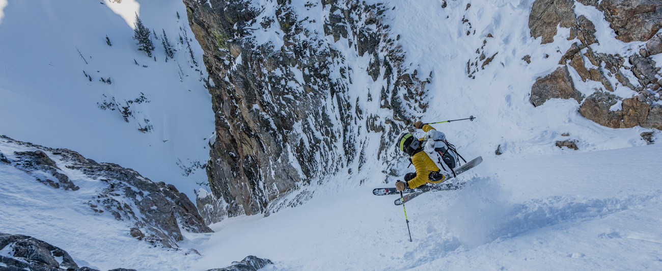 “Jim Ryan can make just about any skiing look good. Steep couloirs in the Tetons are no exception and may be his specialty. Here, he jumps for joy finding some surprisingly good snow in the Apocalypse Couloir in Grand Teton National Park, WY.” Photo: Cam McLeod