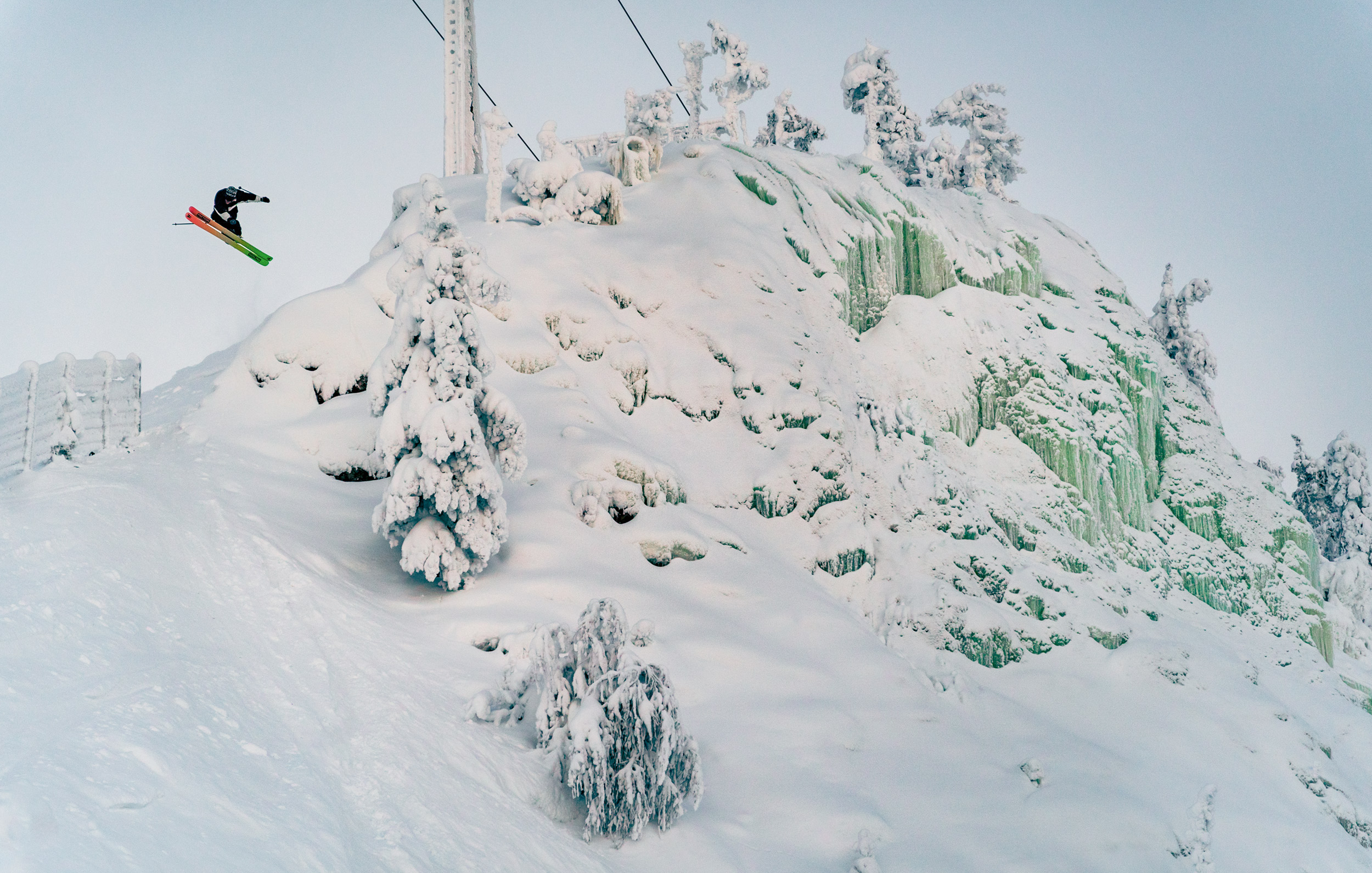 “In December, the sun only lasts a few hours per day at Finland’s Ruka Ski Resort. It’s also extremely cold, so there’s hardly anyone on the hill. It was hard for Antti Ollila to get enough speed for this air, since the hill above is so mellow, but he pushed hard with his poles and made it work.” Photo: Arttu Heikkinen