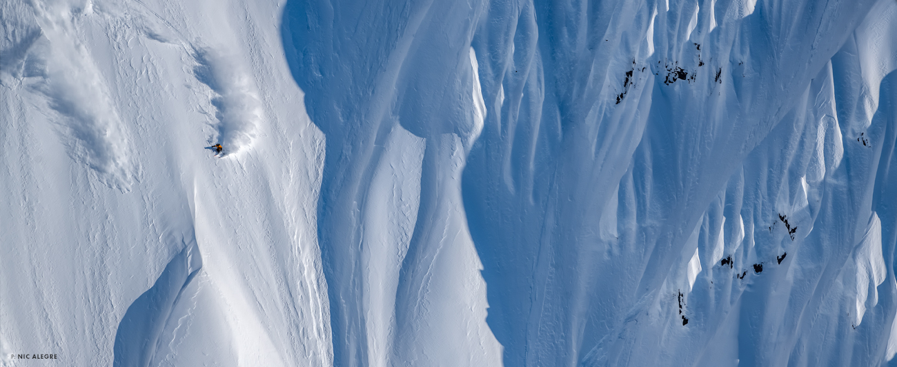 “On a trip to Girdwood, AK, last March, we got to ski this amazing spine zone that’s tough to get in the right conditions. I had crashed on a line earlier in the day, so this was kind of a redemption run to get back on the horse, shake out the cobwebs and dial back in. The upper half of the run had some technical terrain. I got a little wild, smashed into a spine and flew out onto this panel with some speed. This turn was a moment of relief, bleeding some of that speed and resetting for the lower spine.”—Sage Cattabriga-Alosa Photo: Nic Alegre