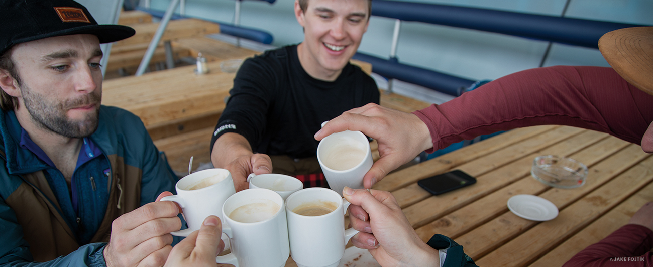 Alex Adams (left) and Max Ritter (right) fuel up for a big day of couloir hunting at Axamer Lizum, Austria. Cake and espresso are non-negotiable on a powder day in the Alps. Photo: Jake Fojtik