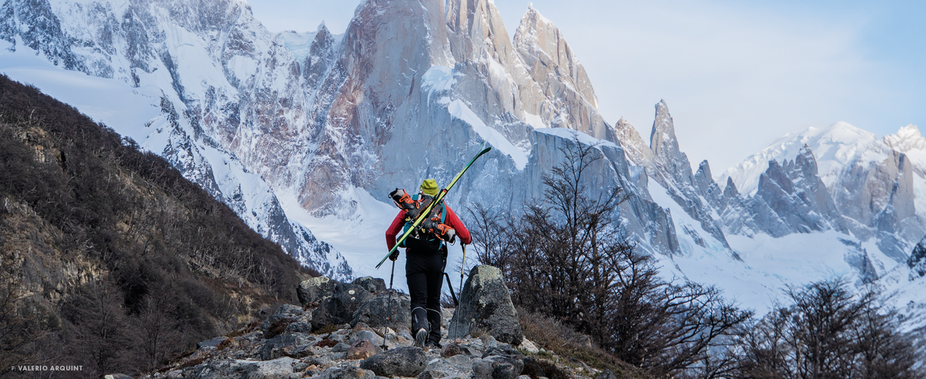 Barely awake after a 2 a.m. start from the van, we ground out another long approach to the snow line above El Chaltén, Argentina. A postcard view of Cerro Torre provided some extra motivation, as well as an appropriate sense of scale. Photo: Valerio Arquint