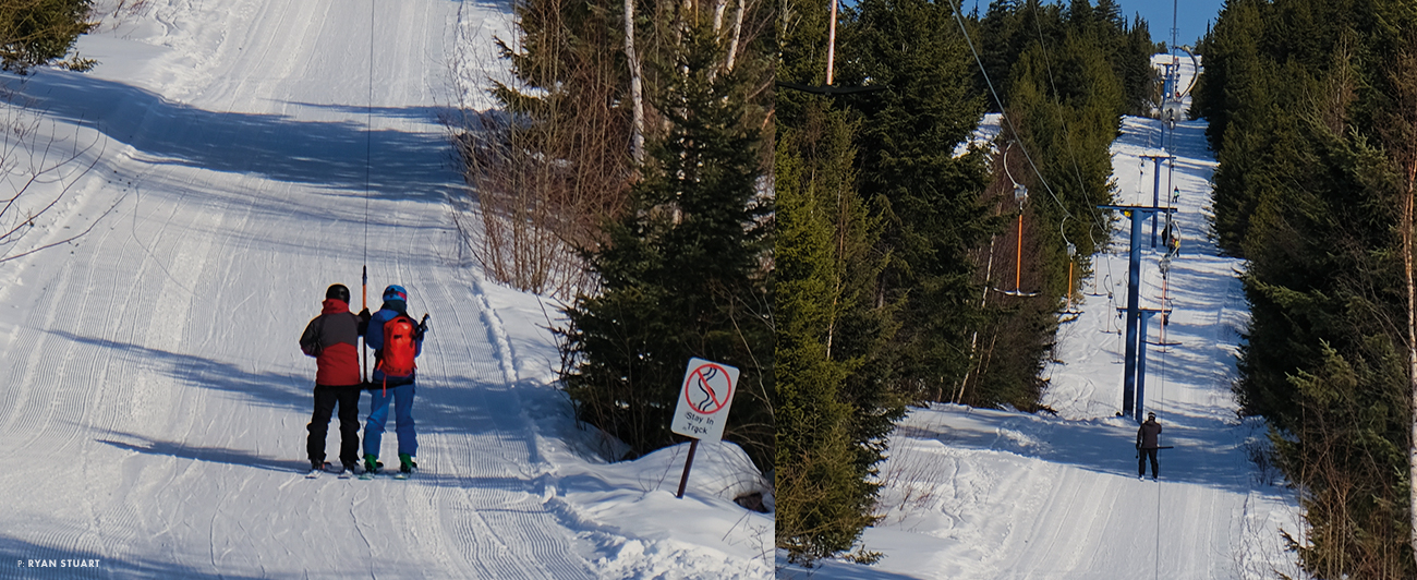Up, up and away. The 15-minute T-Bar ride at Murray Ridge near Fort St. James, BC, leaves plenty of time for on-hill meditation. And quad burn. Photo: Ryan Stuart