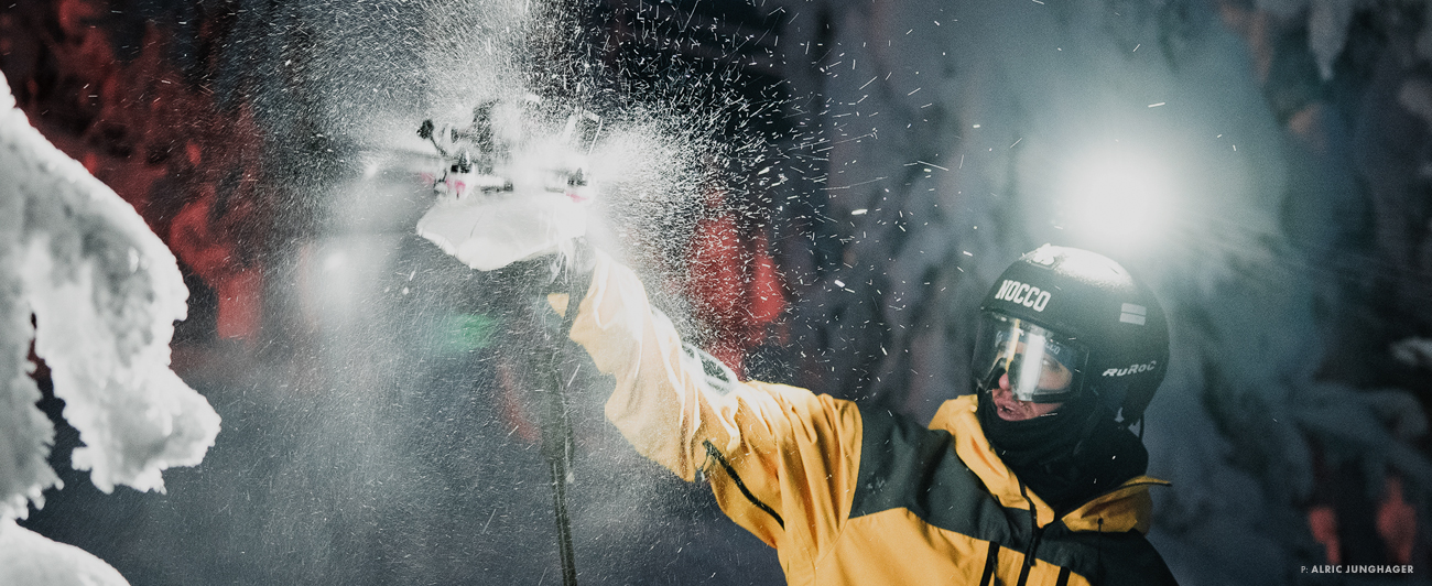 Skier Emil Granboom catches a FPV drone at Finland’s Ruka Ski Resort after Luke Bredar films a shot for The Bunch’s short film Sensus [2023]. The short battery life of FPV drones requires quick takeoffs and landings. Photo: Alric Ljunghager