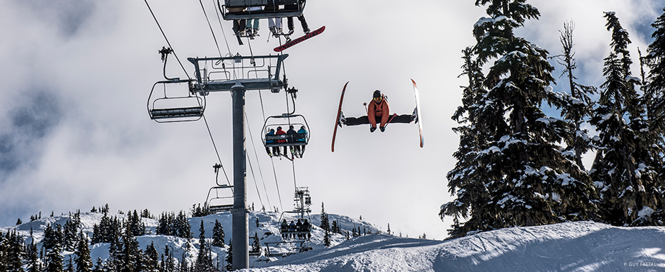 Mega whoop. Austin Ross definitely remembered to stretch this morning. Blackcomb Mountain, BC. Photo: Guy Fattal