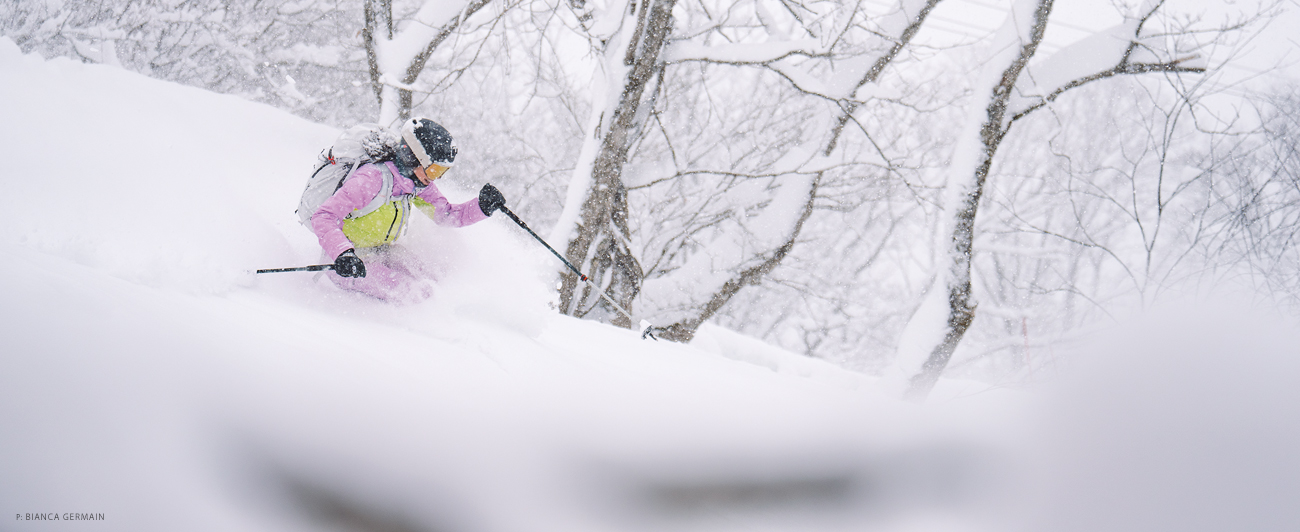 Sierra Schlag finds deep snow in the dreamy trees of Hakuba Cortina after a 30-plus-inch storm. Photo: Bianca Germain