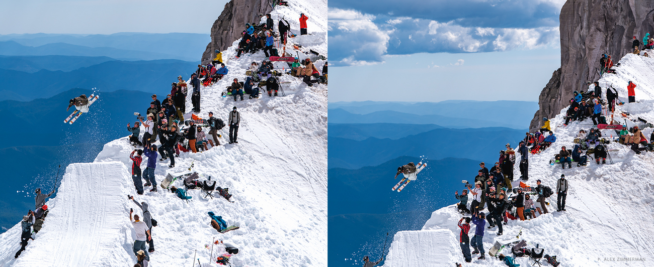 An unknown skier sending a very casual Lazyboy 3 off the main jump at the solstice party. Just a small taste of the chaos. Photo: Alex Zimmerman