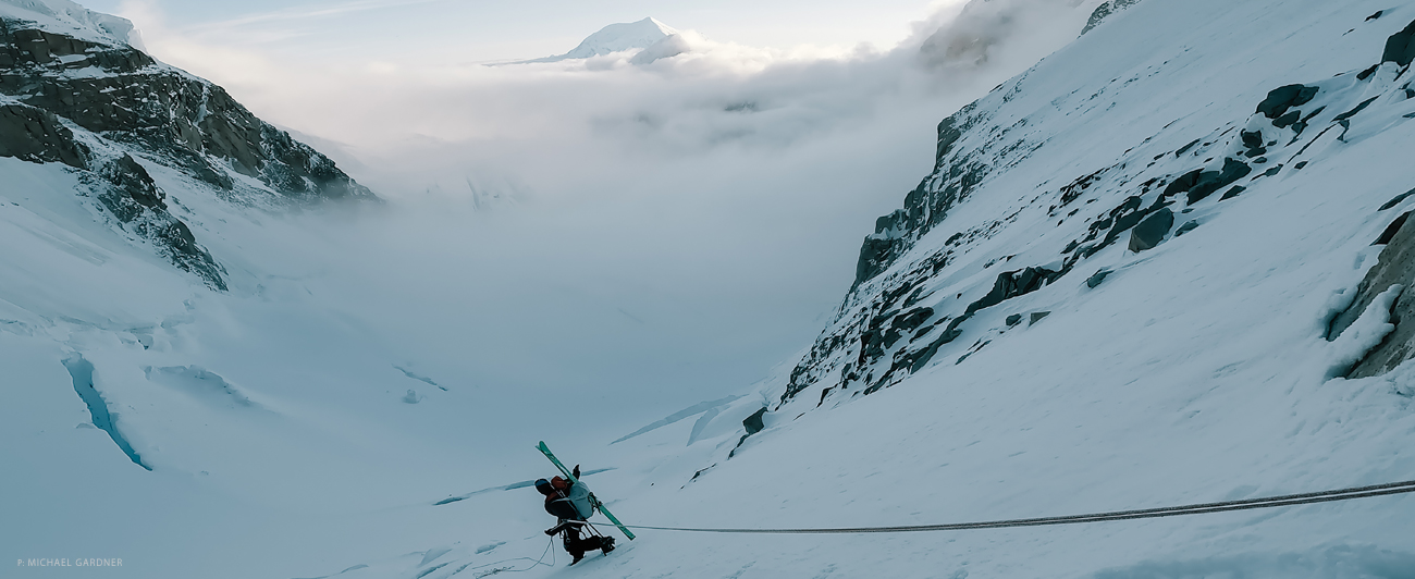 Into the abyss of the south face of Denali, AK. Michael Gardner, Sam Hennessy and Eric Haferman made a second descent of the face on May 26, 2024, which was first skied solo by Andreas Fransson in 2011. Photo: Michael Gardner
