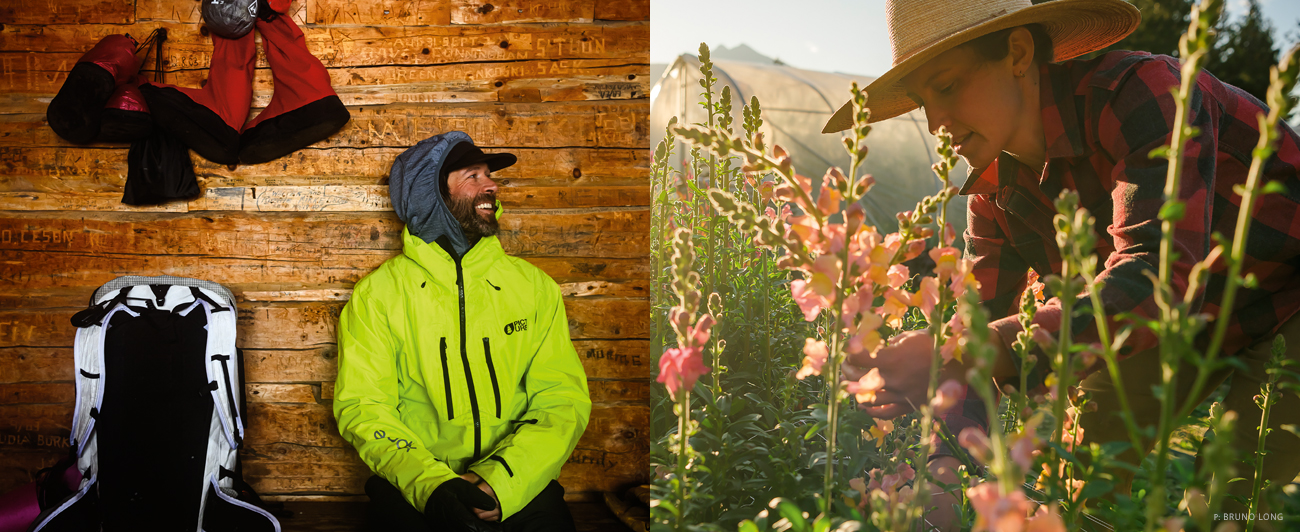 Right: Chris Rubens is as dedicated a skier as there is and loves a good adventure. Winter camping in a new location with his closest friends shit-talking him off camera—it doesn’t get much better than that for him. Mount Revelstoke National Park, BC. Left: Jesse Johnston-Hill, Rubens’ partner and Huxley’s mother, had spent years planning to own a farm before the two met. Revelstoke, BC. Photos: Bruno Long